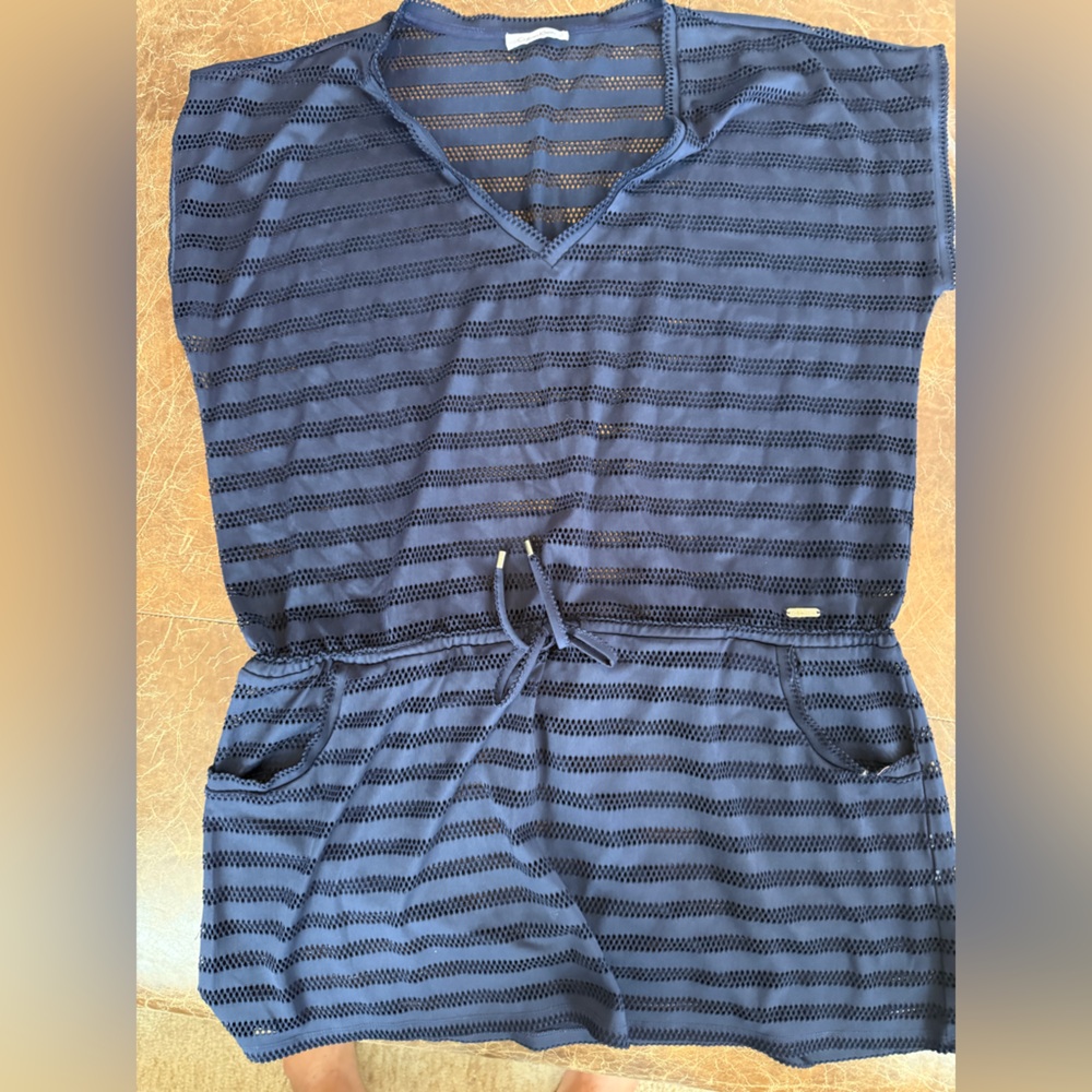 Calvin Klein Navy Blue Striped Swim Coverup